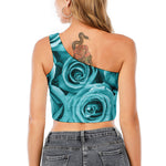 Turquoise Rose Flower Print One Shoulder Crop Top