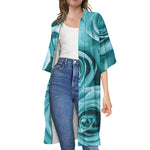 Turquoise Rose Flower Print Open Front Beach Cover Up