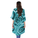 Turquoise Rose Flower Print Open Front Beach Cover Up