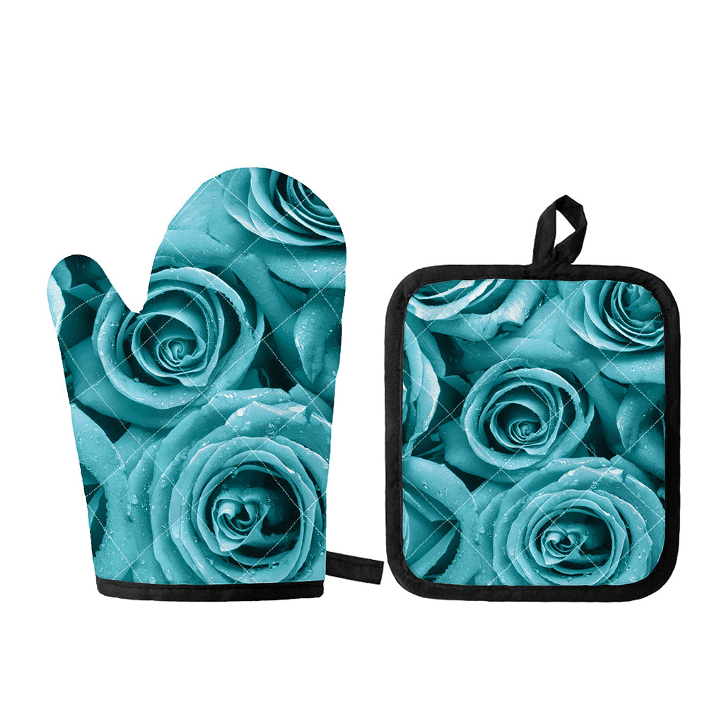 Turquoise Rose Flower Print Oven Mitt And Pot Holder Set
