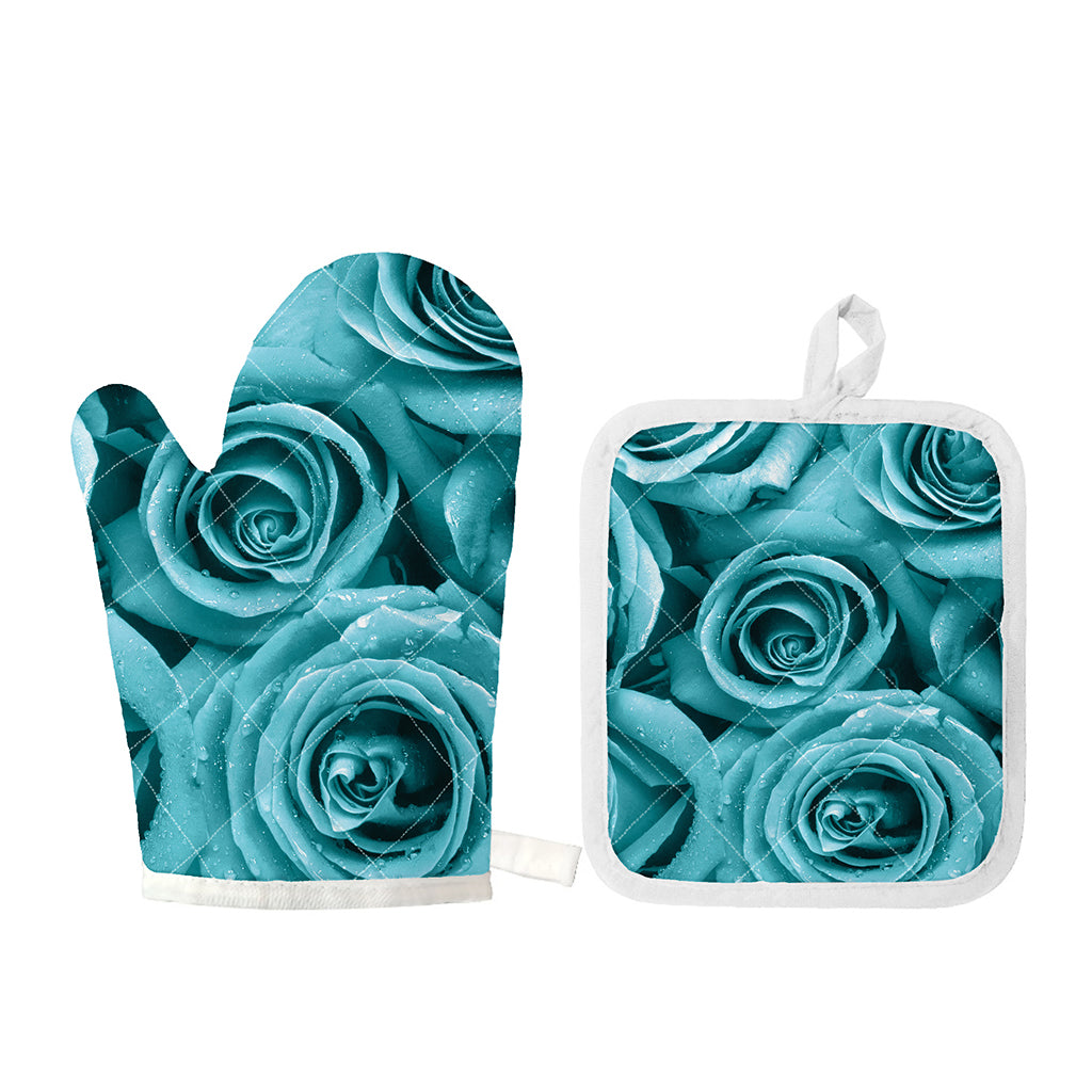 Turquoise Rose Flower Print Oven Mitt And Pot Holder Set