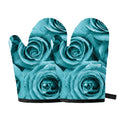 Turquoise Rose Flower Print Oven Mitts