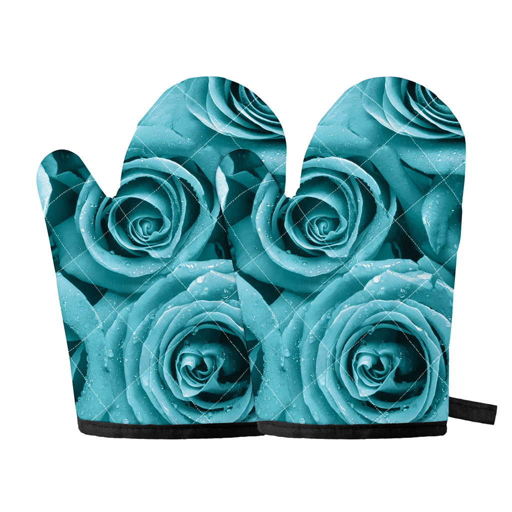Turquoise Rose Flower Print Oven Mitts