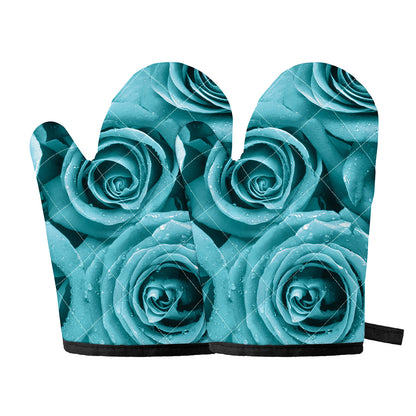 Turquoise Rose Flower Print Oven Mitts