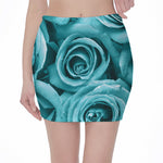 Turquoise Rose Flower Print Pencil Mini Skirt