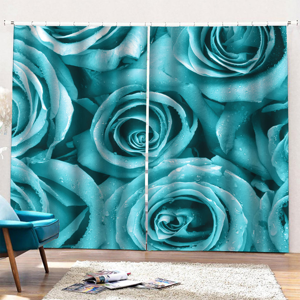 Turquoise Rose Flower Print Pencil Pleat Curtains