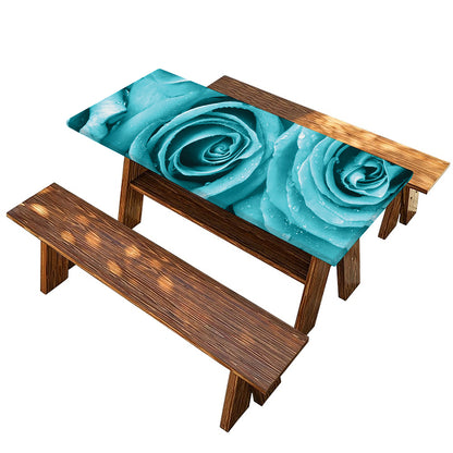 Turquoise Rose Flower Print Picnic Table Cover