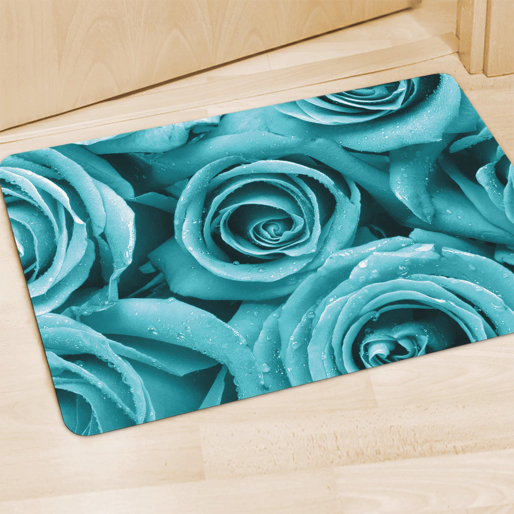 Turquoise Rose Flower Print Polyester Doormat