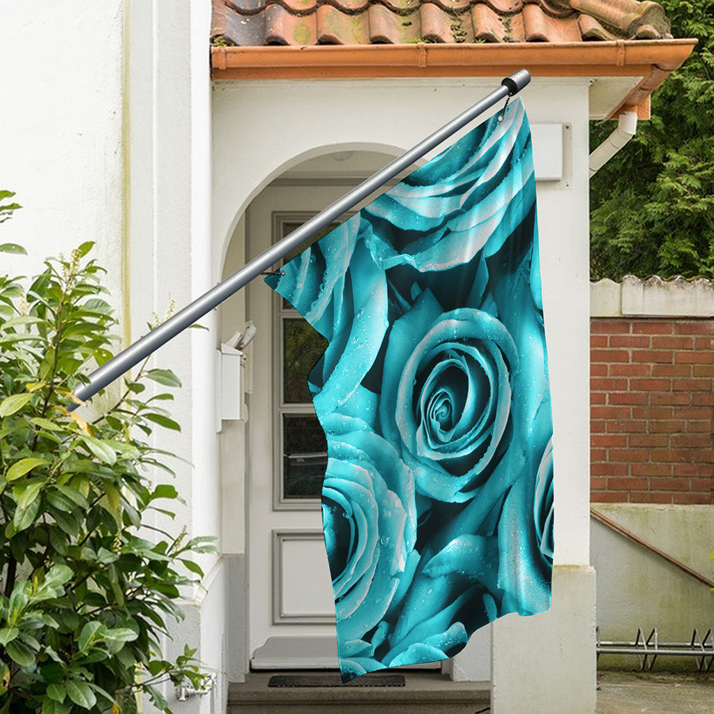Turquoise Rose Flower Print Polyester Flag