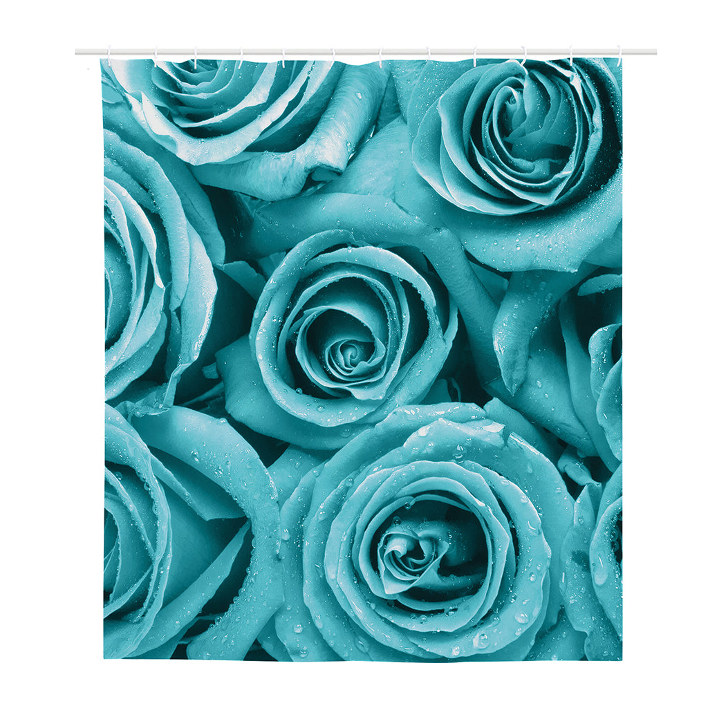 Turquoise Rose Flower Print Polyester Shower Curtain