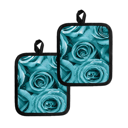 Turquoise Rose Flower Print Pot Holders
