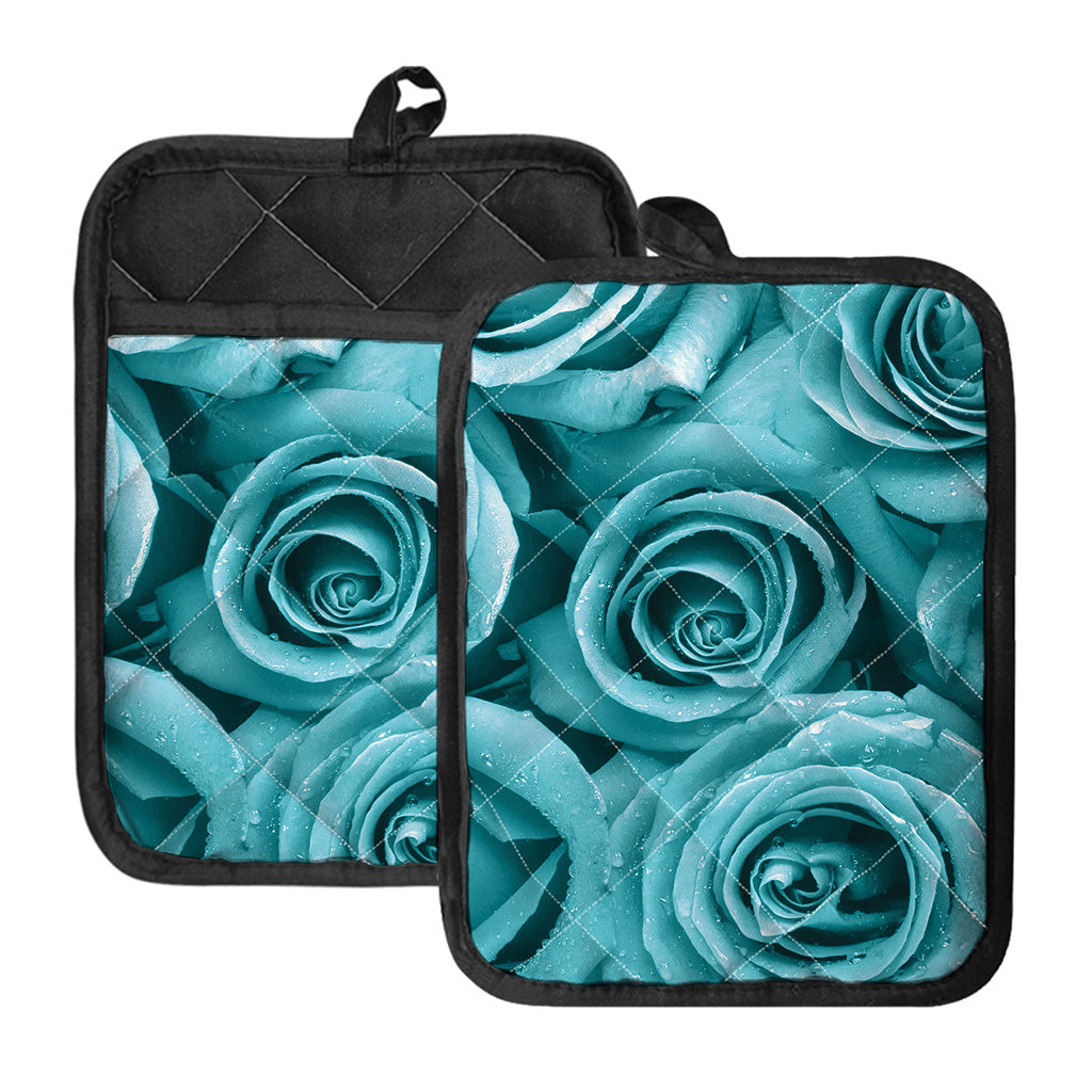 Turquoise Rose Flower Print Pot Holders With Pocket