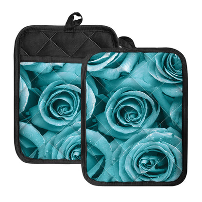 Turquoise Rose Flower Print Pot Holders With Pocket