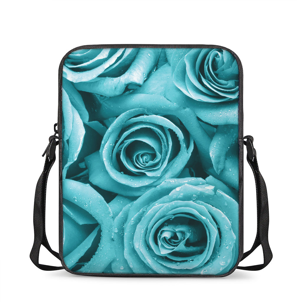 Turquoise Rose Flower Print Rectangular Crossbody Bag