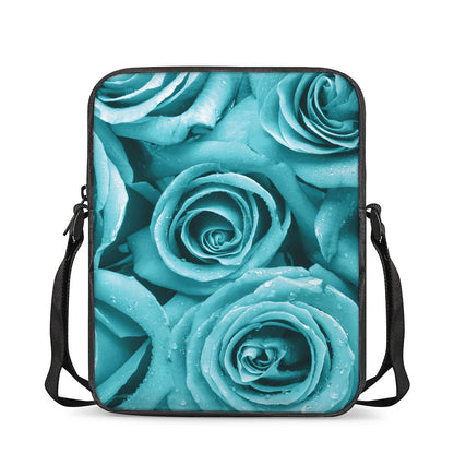 Turquoise Rose Flower Print Rectangular Crossbody Bag