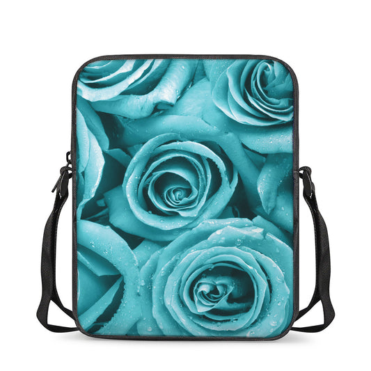 Turquoise Rose Flower Print Rectangular Crossbody Bag