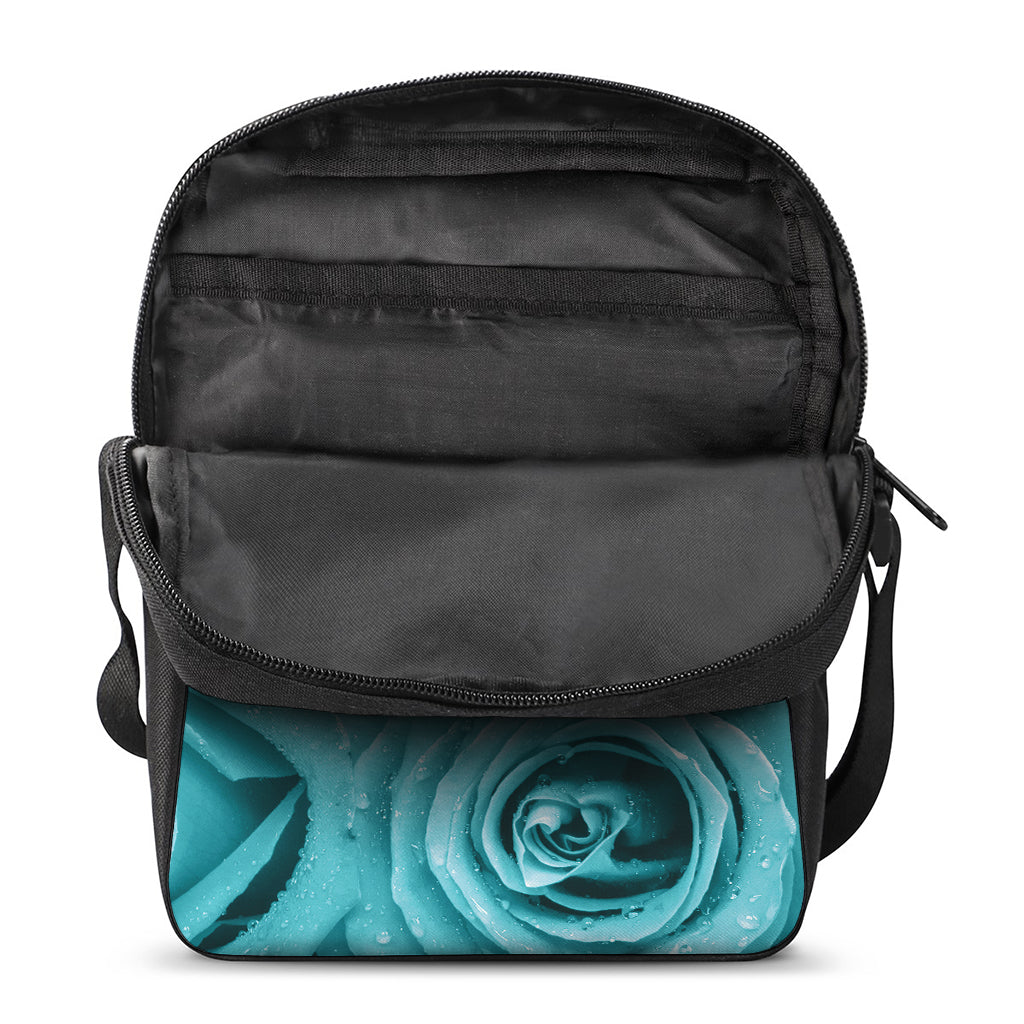 Turquoise Rose Flower Print Rectangular Crossbody Bag