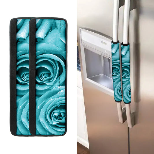 Turquoise Rose Flower Print Refrigerator Handle Covers