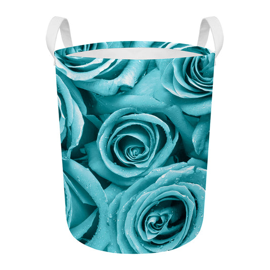Turquoise Rose Flower Print Round Laundry Basket