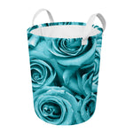 Turquoise Rose Flower Print Round Laundry Basket