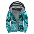 Turquoise Rose Flower Print Sherpa Lined Zip Up Hoodie