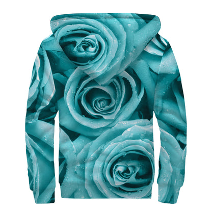 Turquoise Rose Flower Print Sherpa Lined Zip Up Hoodie
