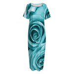 Turquoise Rose Flower Print Short Sleeve Long Nightdress