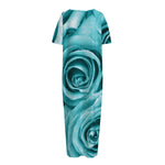 Turquoise Rose Flower Print Short Sleeve Long Nightdress