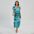 Turquoise Rose Flower Print Short Sleeve Maxi Dress