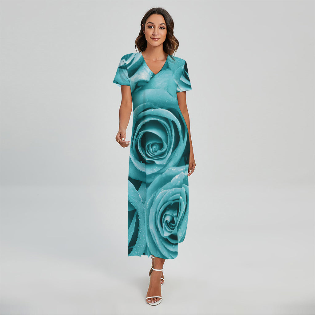 Turquoise Rose Flower Print Short Sleeve Maxi Dress