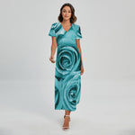 Turquoise Rose Flower Print Short Sleeve Maxi Dress