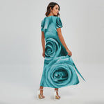 Turquoise Rose Flower Print Short Sleeve Maxi Dress