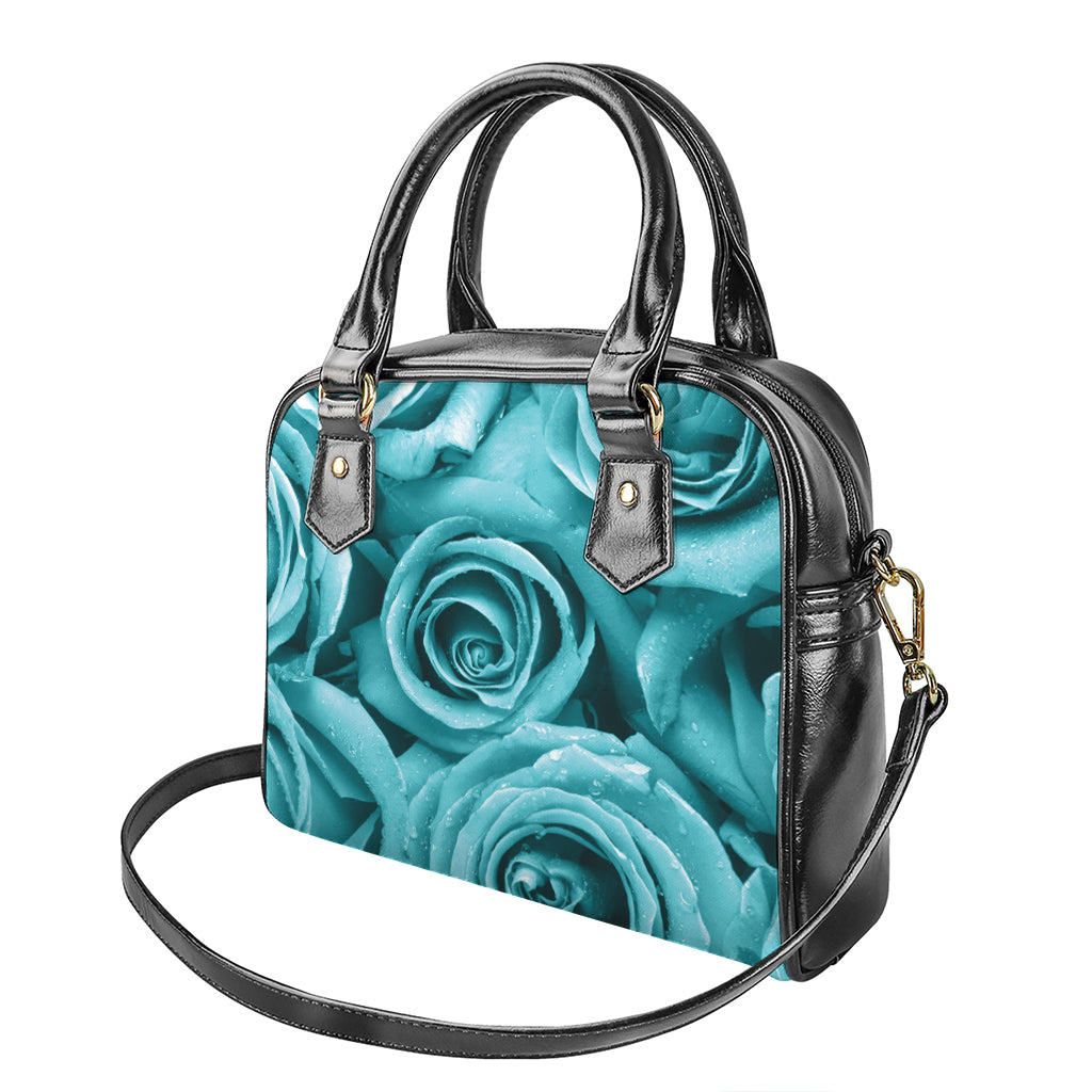 Turquoise Rose Flower Print Shoulder Handbag