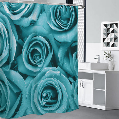 Turquoise Rose Flower Print Shower Curtain