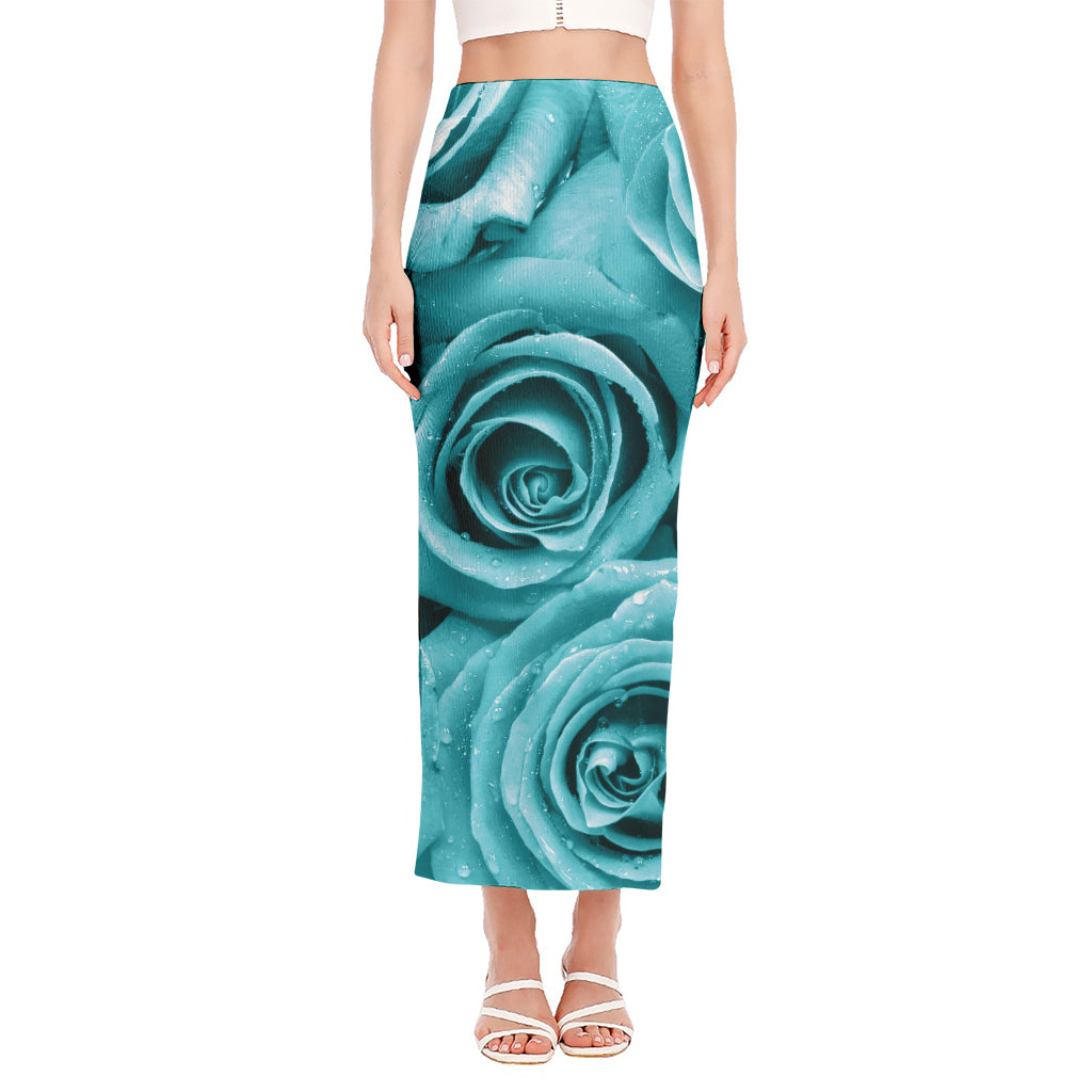Turquoise Rose Flower Print Side Slit Maxi Skirt