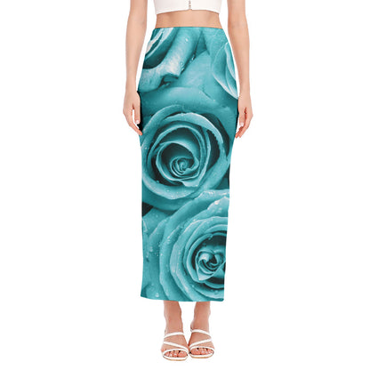 Turquoise Rose Flower Print Side Slit Maxi Skirt