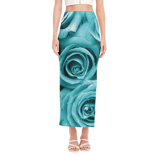 Turquoise Rose Flower Print Side Slit Maxi Skirt