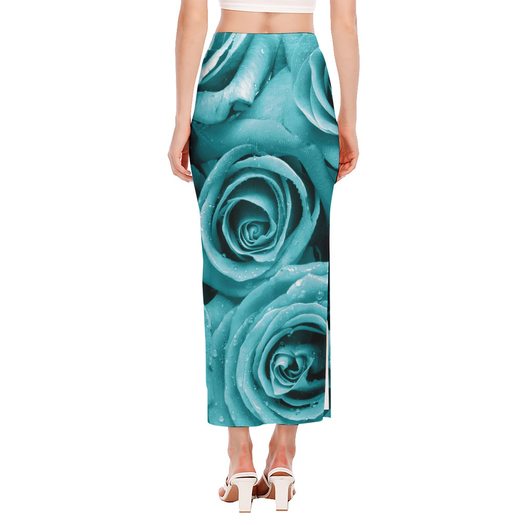 Turquoise Rose Flower Print Side Slit Maxi Skirt