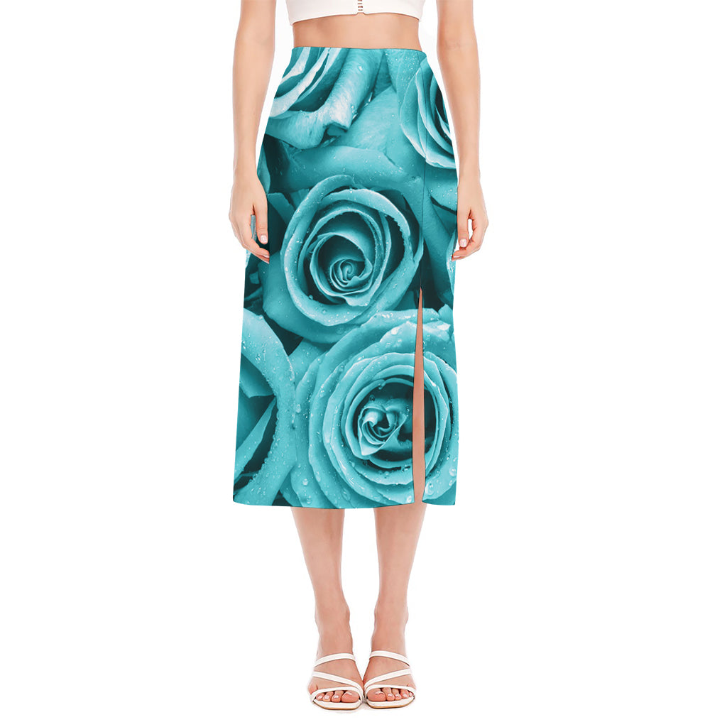 Turquoise Rose Flower Print Side Slit Midi Skirt