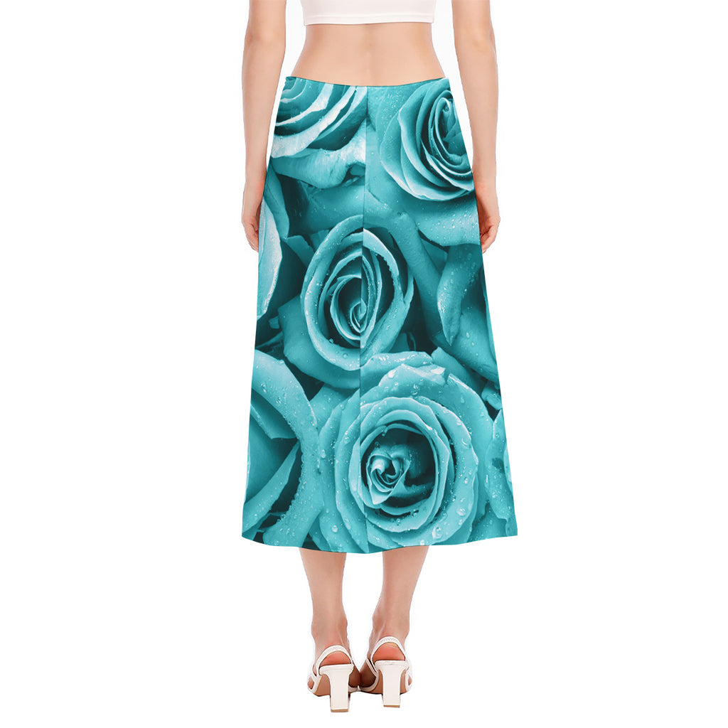 Turquoise Rose Flower Print Side Slit Midi Skirt