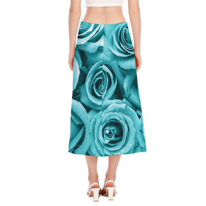 Turquoise Rose Flower Print Side Slit Midi Skirt