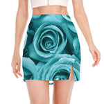 Turquoise Rose Flower Print Side Slit Mini Skirt