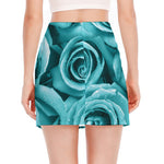 Turquoise Rose Flower Print Side Slit Mini Skirt