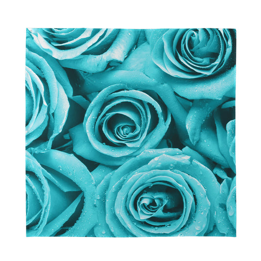 Turquoise Rose Flower Print Silk Bandana