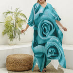 Turquoise Rose Flower Print Silk V-Neck Kaftan Dress