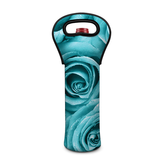 Turquoise Rose Flower Print Single Neoprene Wine Tote