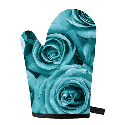 Turquoise Rose Flower Print Single Oven Mitt