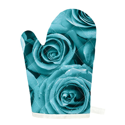 Turquoise Rose Flower Print Single Oven Mitt