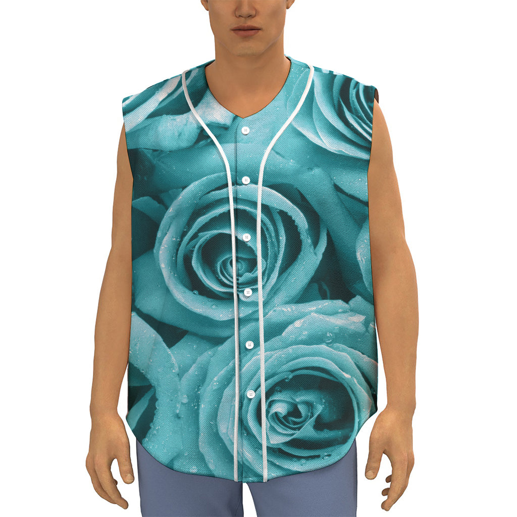Turquoise Rose Flower Print Sleeveless Baseball Jersey