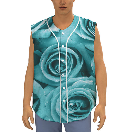 Turquoise Rose Flower Print Sleeveless Baseball Jersey